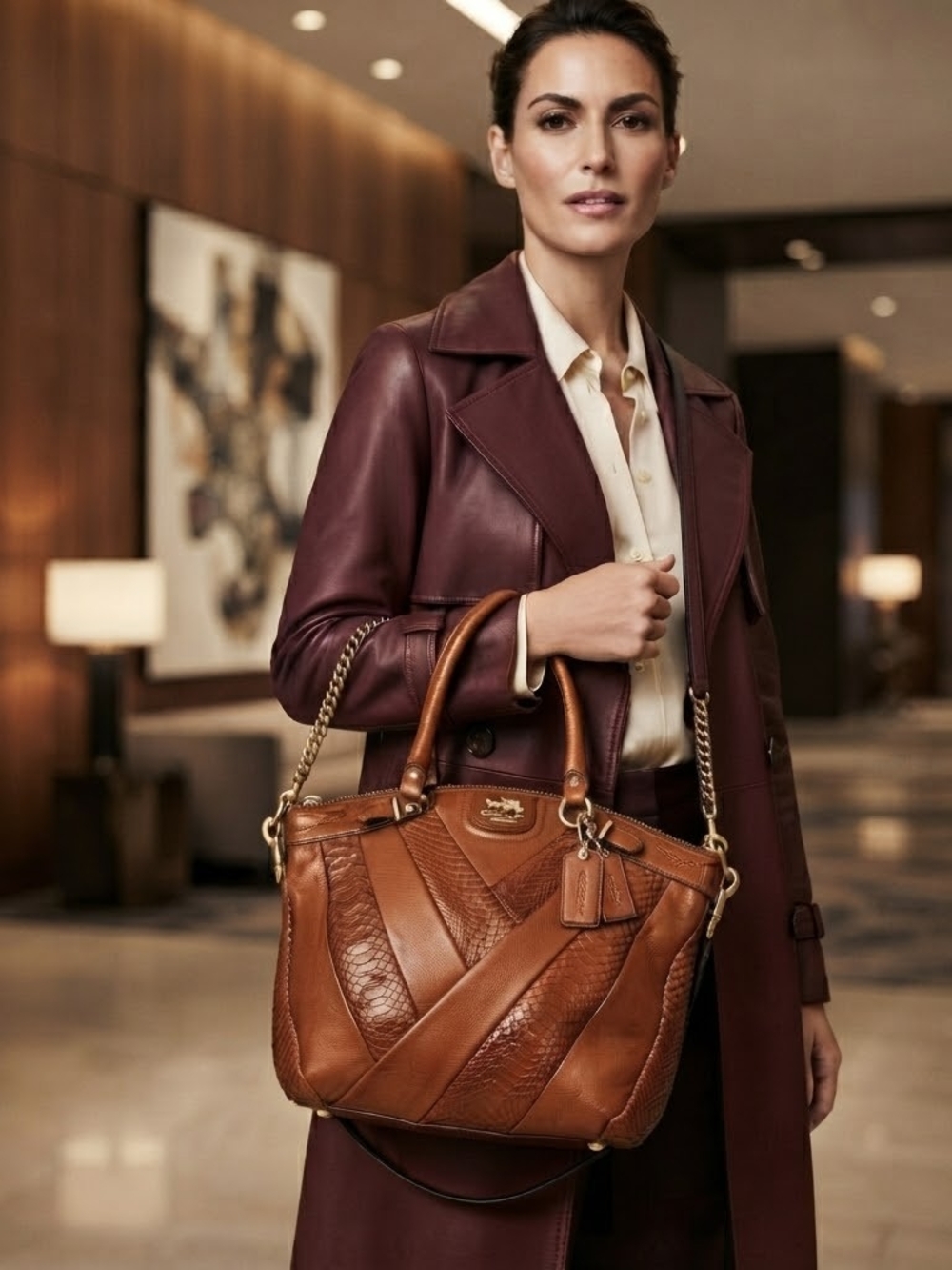 Coach Madison Large Tabacco Pyton/ Leather Patchwork Satchel with Gold Hardware - Picture 4 of 11